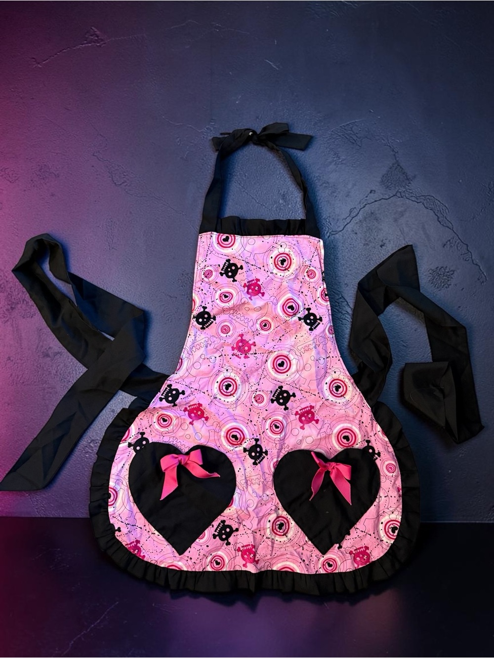 Woman's Gothic Punk Pink Heart Pocket Apron with Black Accents